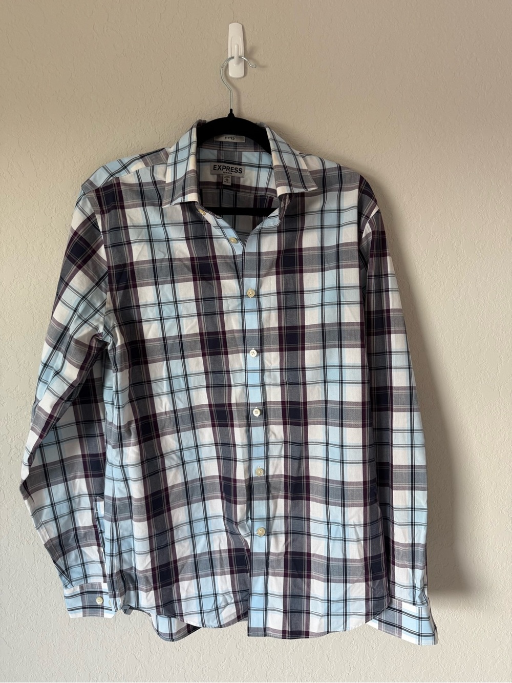 Express Men's Light Blue and Navy Plaid Casual Button-Down Shirt